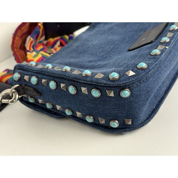 Valentino Rolling Rockstud Denim and Leather Shoulder Bag with Multicolor Strap - Picture 9 of 16